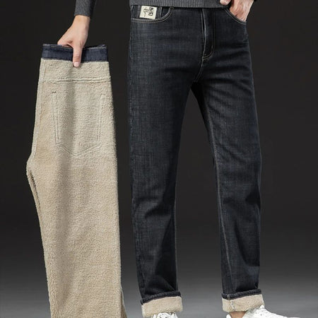 2025 New Classic  Men's Business Casual Velvet Jeans Winter Chinese Embroidery Straight Loose Warm Thick Pants