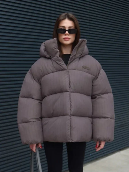 Women's Pinstripe Oversized Puffer Jacket Full Sleeve Detachable Hood Zipper Warm Coat 2025 Autumn Winter Female Casual Wear