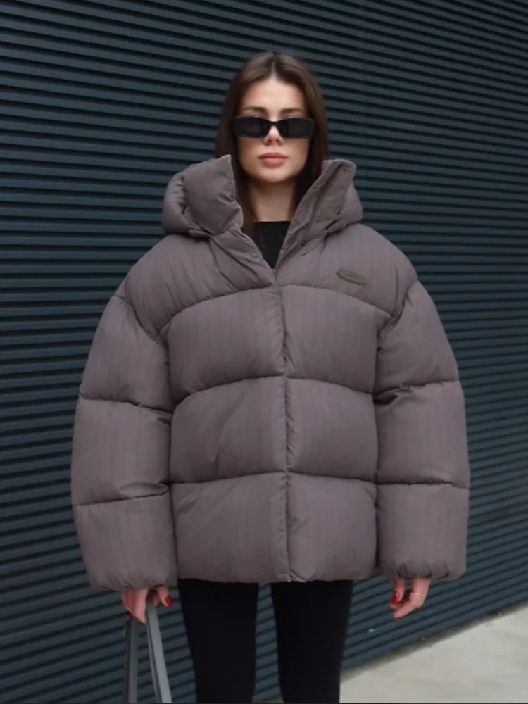 Women's Pinstripe Oversized Puffer Jacket Full Sleeve Detachable Hood Zipper Warm Coat 2025 Autumn Winter Female Casual Wear