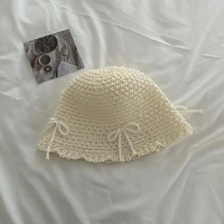 Korean Ins Bow Spring and Summer Fashion Sweet Bucket Hat Outdoor Sunshade Knitted Solid Color Straw Breathable Women Sun Hats