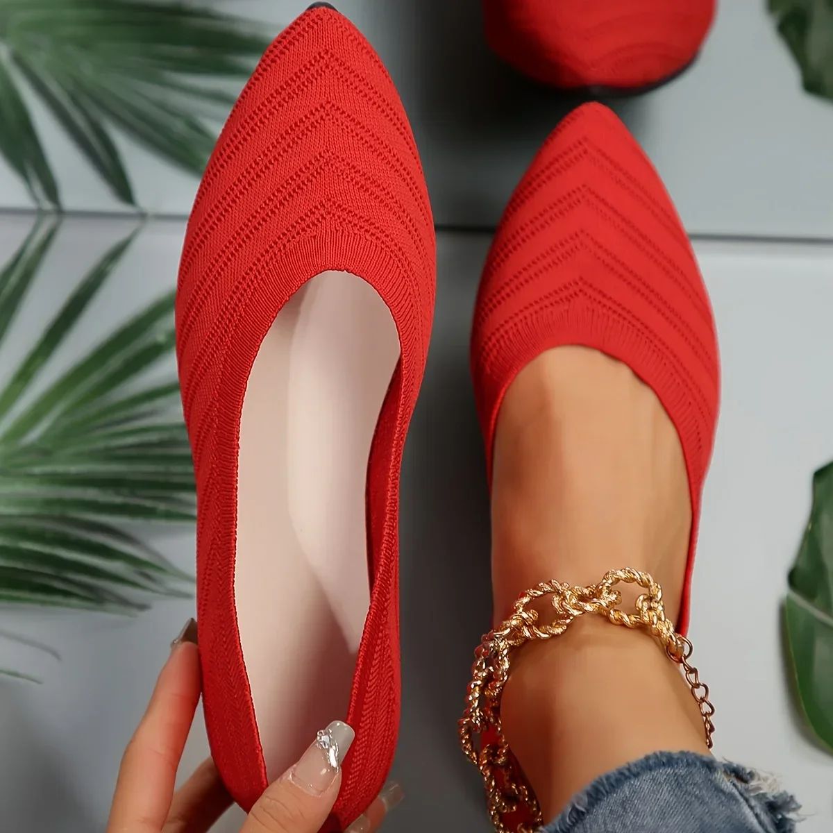Women's Pointed Toe Flat Shoes Solid Color Knitted Slip on Shoes Casual Breathable Ballet Flats Women Flat Shoes Loafers Women