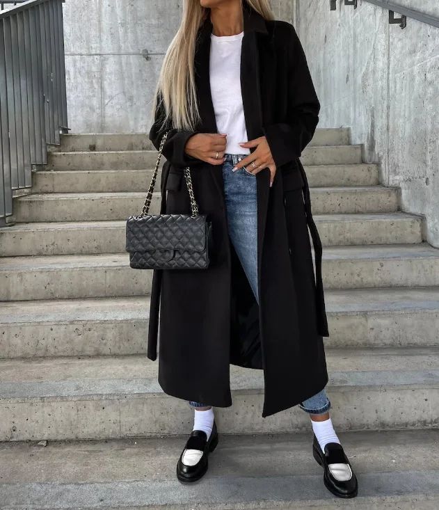 CPSYMYM Winter Coat for Women  Autumn Double Breasted Simple Solid Lapel Long Sleeved Split Long Woolen Cloth Jacket Coa