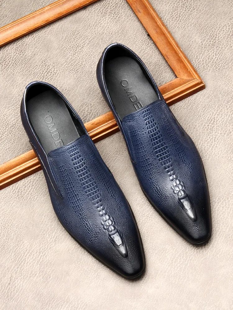 Handmade Mens Wedding Oxford Shoes Black Blue Genuine Leather Flat Dress Shoes Crocodile Pattern Summer Business Formal Loafers
