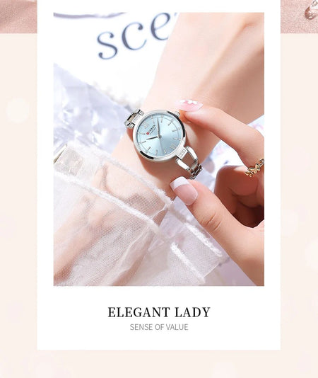 CURREN Luxury Elegance Ladies Watch with Sparkling Rhinestones Simple Quartz Stainless Steel Bracelet Wristwatch
