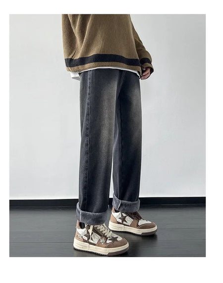 4 Colors Winter Fleece Men's Jeans Baggy Straight Elastic Waist Denim Pants Fashion Korean Thickened Warm Male Thermal Trousers