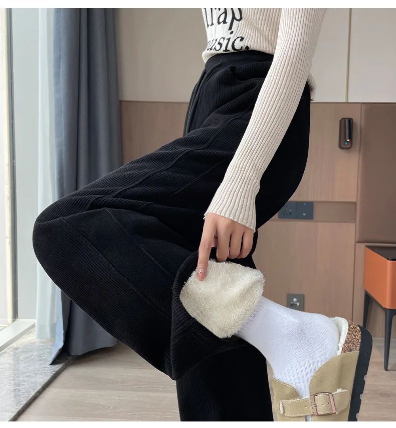 High Waist Warm Trousers Fashion Winter Fleece Thickened Women's Pants Solid Color Loose Elastic Waist Straight Casual Pants