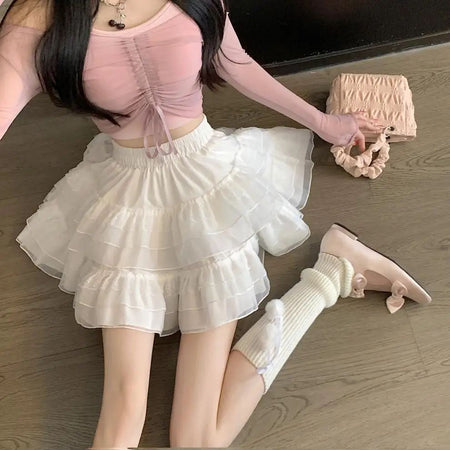 Plus Size New Style Pure Desire Aesthetic Mini Dress Net Yarn Fairy Puff Skirt High-Waisted Slimming Lace Cake A- Line Skirt ...