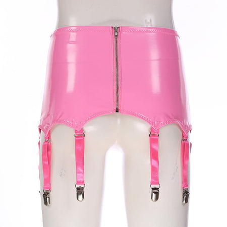 Womens Garters Latex Skirts Ladies Suspender Belt Wet Look Patent Leather Mini Skirts Garters with Metal Clips Clubwear Costume