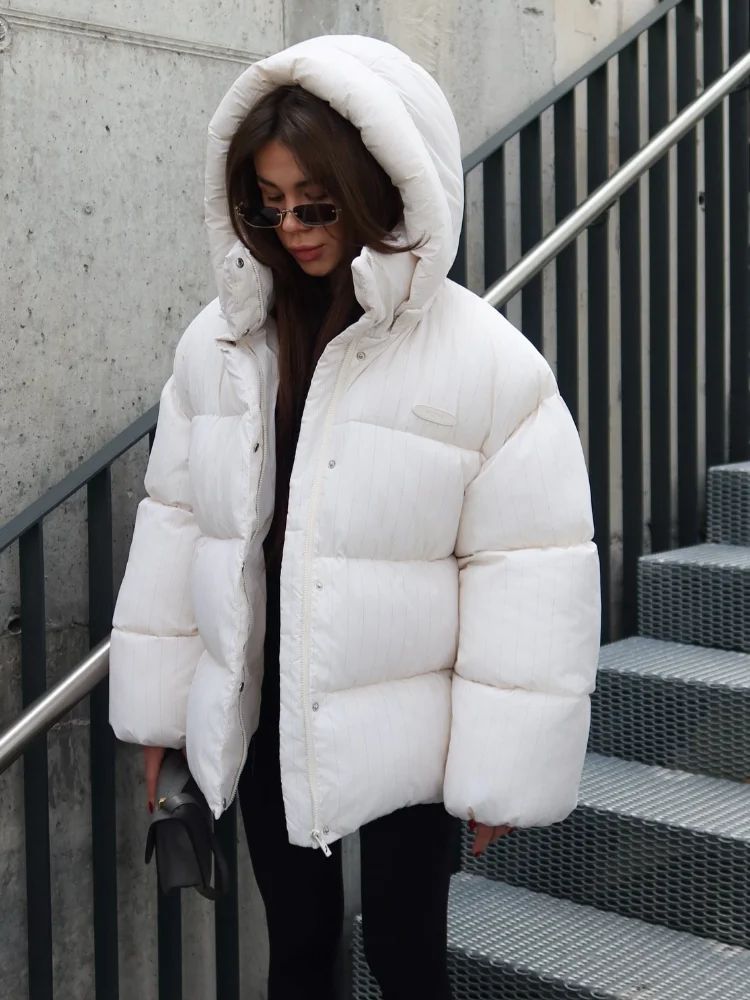 Women's Pinstripe Oversized Puffer Jacket Full Sleeve Detachable Hood Zipper Warm Coat 2025 Autumn Winter Female Casual Wear