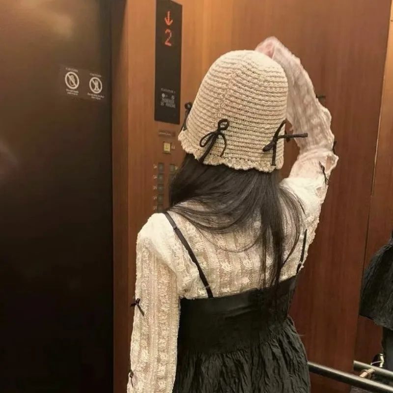 Korean Ins Bow Spring and Summer Fashion Sweet Bucket Hat Outdoor Sunshade Knitted Solid Color Straw Breathable Women Sun Hats