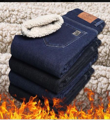 Men's Wool Velvet Jeans Winter Fleece Thickened Business Casual Straight Denim Pants Soft Cozy Thermal Stretch Trousers Male