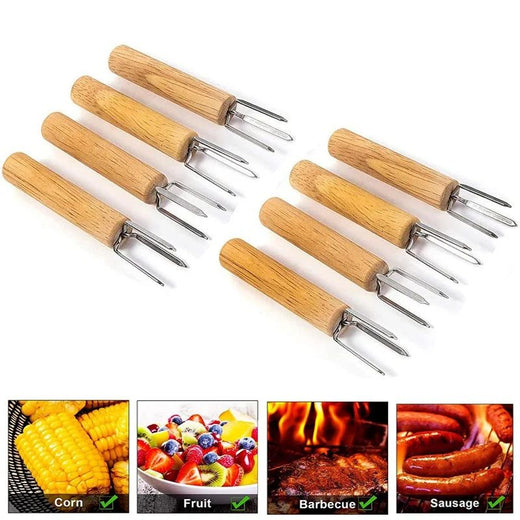 2/4/8Pcs Stainless Steel Corn Holders with Wooden Handle Corn on The Cob Skewers Fruit Anti-scald Forks Outdoor Cooking BBQ Tool