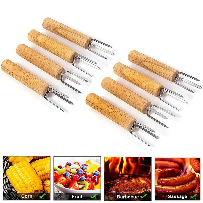 2/4/8Pcs Stainless Steel Corn Holders with Wooden Handle Corn on The Cob Skewers Fruit Anti-scald Forks Outdoor Cooking BBQ Tool