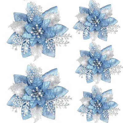 5pcs 14.5cm Glitter Artifical Christmas Flowers Mreey Christmas Tree Decoration Happy New Year Ornaments Xmas Fake Flowers natal