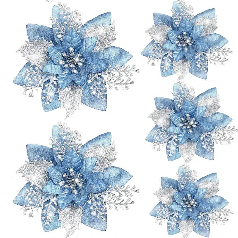 5pcs 14.5cm Glitter Artifical Christmas Flowers Mreey Christmas Tree Decoration Happy New Year Ornaments Xmas Fake Flowers natal