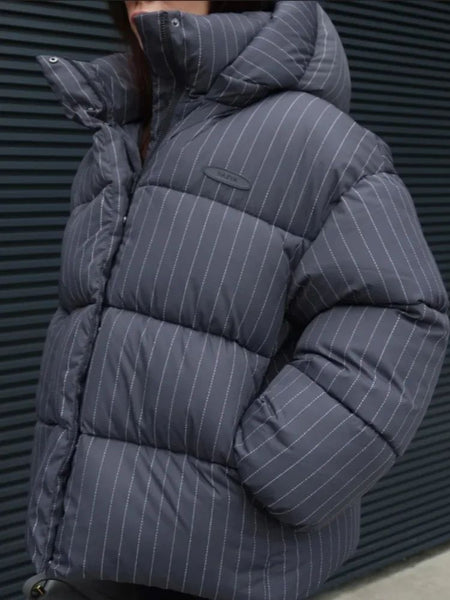Women's Pinstripe Oversized Puffer Jacket Full Sleeve Detachable Hood Zipper Warm Coat 2025 Autumn Winter Female Casual Wear