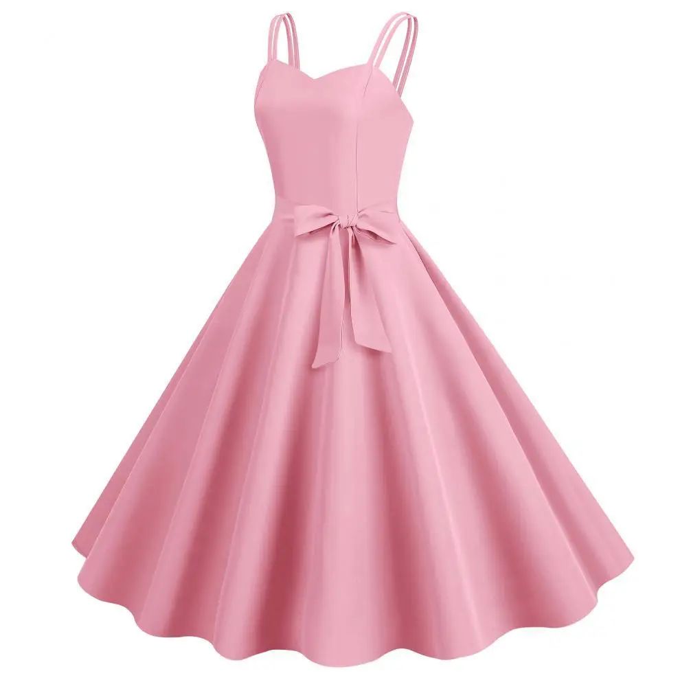 Sexy French Style Summer Vintage Hepburn Large Swing Dress Sleeveless Gown for Women in Red Blue And Pink Colors