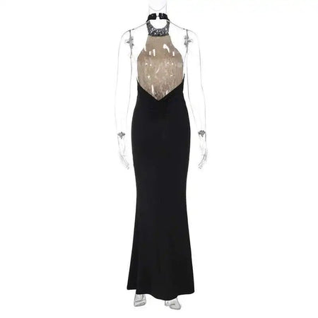 Mozision Lace Halter Backless Sexy Maxi Dress For Women Black Off-shoulder Strapless Sleeveless Bodycon Club Party Long Dress