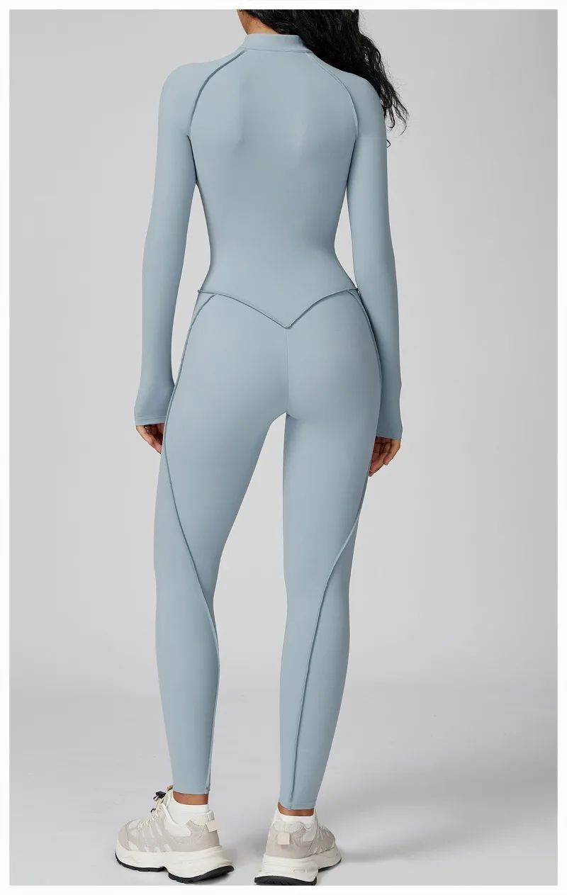 Women's Yoga Jumpsuit Long Sleeved Stand Collar Half Zip High-Intensity Workout One Piece Contrast Color Gym Fitness BodySuit