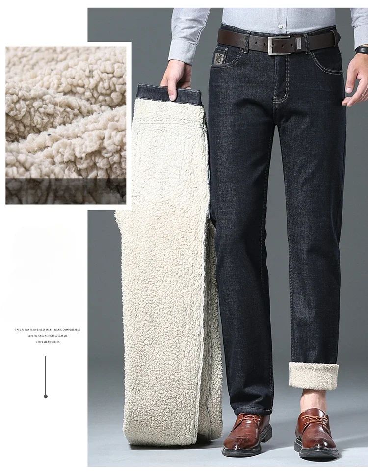 Men's Wool Velvet Jeans Winter Fleece Thickened Business Casual Straight Denim Pants Soft Cozy Thermal Stretch Trousers Male