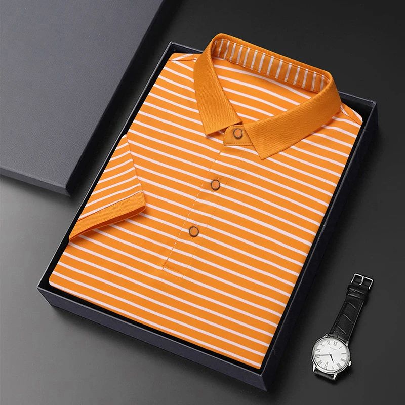 2024 Men's New Striped Cotton Business Casual Short Sleeved POLO Shirt Fashion Short Sleeved Comfortable and Breathable Top