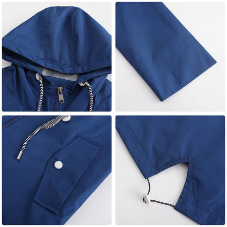 Blue Waterproof Hooded Jacket Women Fashion Casual Coat Waist Drawstring Tie Zipper Switch Red Green Yellow Black Windbreaker