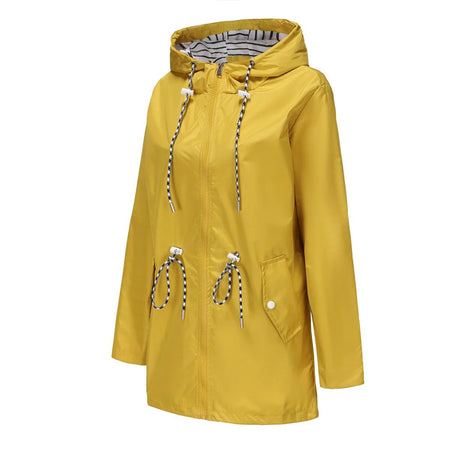 Blue Waterproof Hooded Jacket Women Fashion Casual Coat Waist Drawstring Tie Zipper Switch Red Green Yellow Black Windbreaker