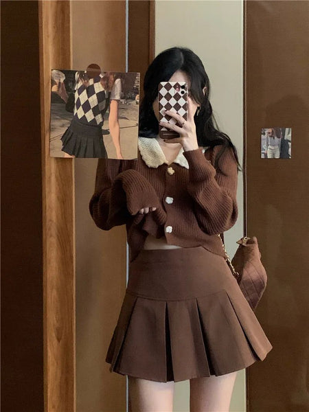 Vintage Brown Pleated Skirt Women Spring Summer Korean Style Y2K High Waisted A-line Mini Skirts Preppy Style Girls Causal