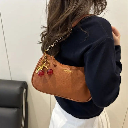 Cherry Pedant Shoulder Underarm Bag Women's Fashion Handbags Causal Hobos Purses Ladies Hand Bags Pu Leather for Work Travel