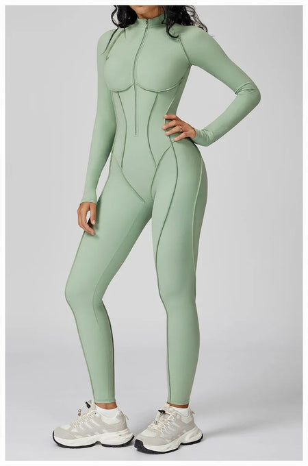 Women's Yoga Jumpsuit Long Sleeved Stand Collar Half Zip High-Intensity Workout One Piece Contrast Color Gym Fitness BodySuit