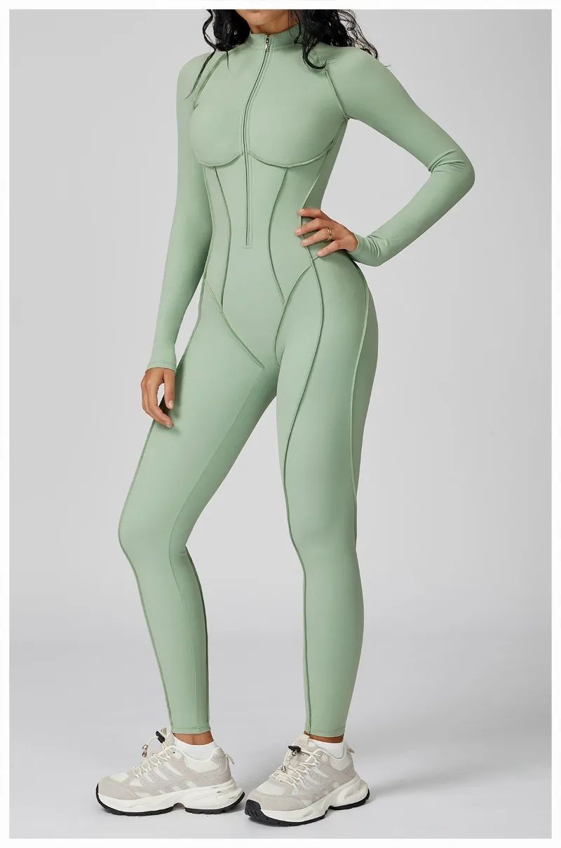 Women's Yoga Jumpsuit Long Sleeved Stand Collar Half Zip High-Intensity Workout One Piece Contrast Color Gym Fitness BodySuit