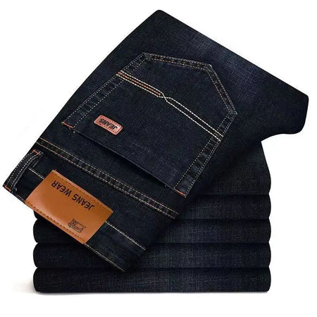 2025 Autumn Classic Men's Fitted Stretch Jeans Business Casual Cotton Denim Straight Leg Pants Male Black Blue Trousers