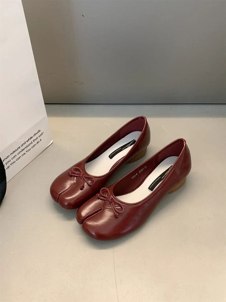 Tabi Shoes Ballet Falts Leather Ballerina Shoes For Women Split Toe Flats Tabi Shoes Slip On Soft Bottom Moccasins with Bowknot