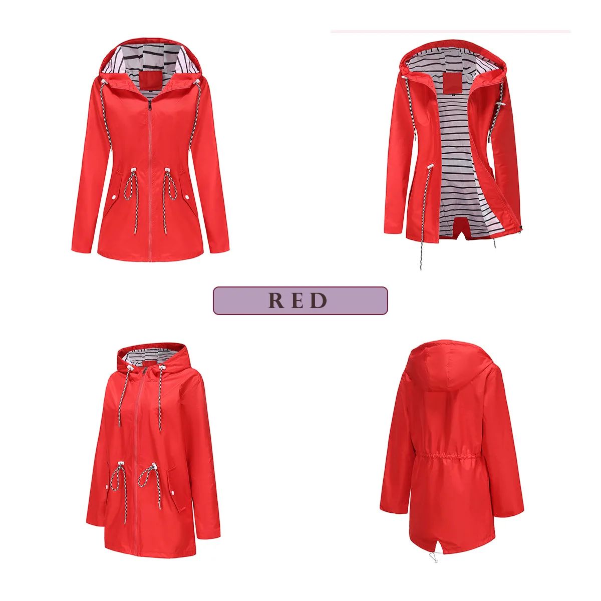 Blue Waterproof Hooded Jacket Women Fashion Casual Coat Waist Drawstring Tie Zipper Switch Red Green Yellow Black Windbreaker