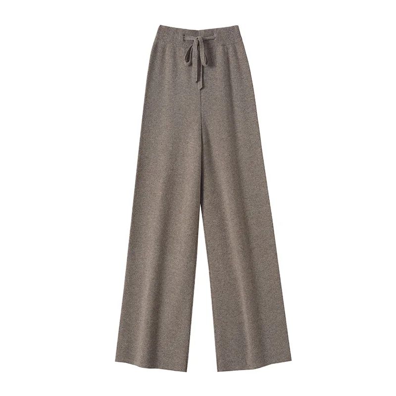 Spring Autumn Women High Waist Wool Wide Leg Pants Solid Soft Warm 100% Merino Wool Knitted Trousers Belt Casual Korean Fashion