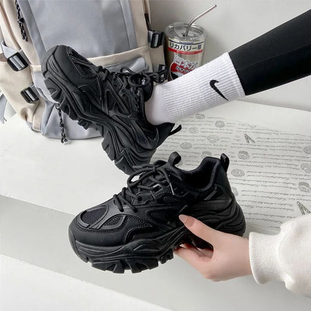 2024 New Women Fashion Platform Sport Shoes Women spring autumn Black Casual Chunky Sneakers Women Mesh Leather Platform Shoes