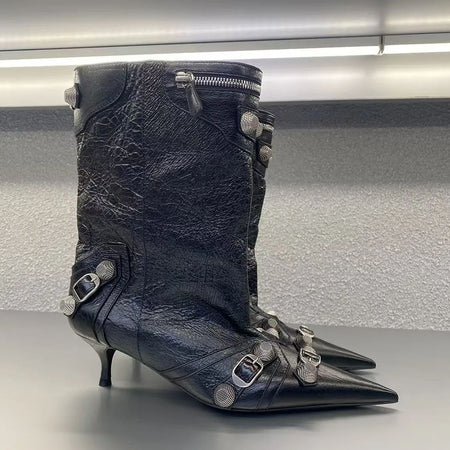 Women's Sexy Stiletto High Heels with Rivet Decoration, Wide Barrel Knee Length Boots, European and American Fashion Show Boots