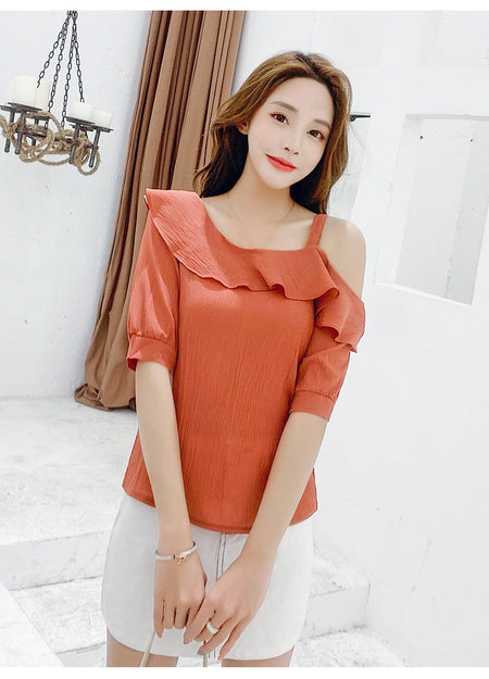 Women's Shirt Tops Fashion One-Shoulder Ruffles Short-sleeved Tops Chiffon Tops S-XXL