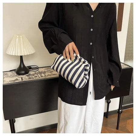 Casual Colorblock Bag Ladies Ruched Cloud Purse Summer Woven Crochet Purses for Women Beach Clutch Handbags 2025 Dumpling Hobo