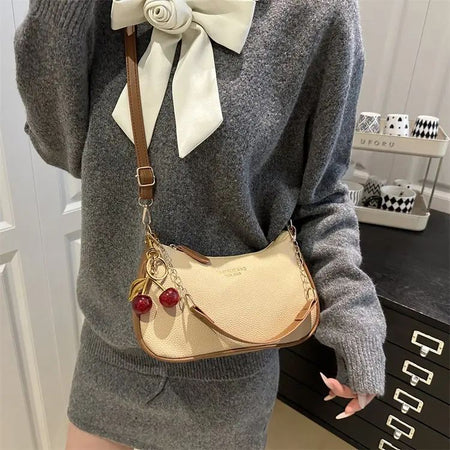 Cherry Pedant Shoulder Underarm Bag Women's Fashion Handbags Causal Hobos Purses Ladies Hand Bags Pu Leather for Work Travel
