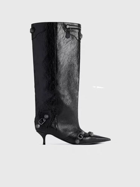 Women's Sexy Stiletto High Heels with Rivet Decoration, Wide Barrel Knee Length Boots, European and American Fashion Show Boots