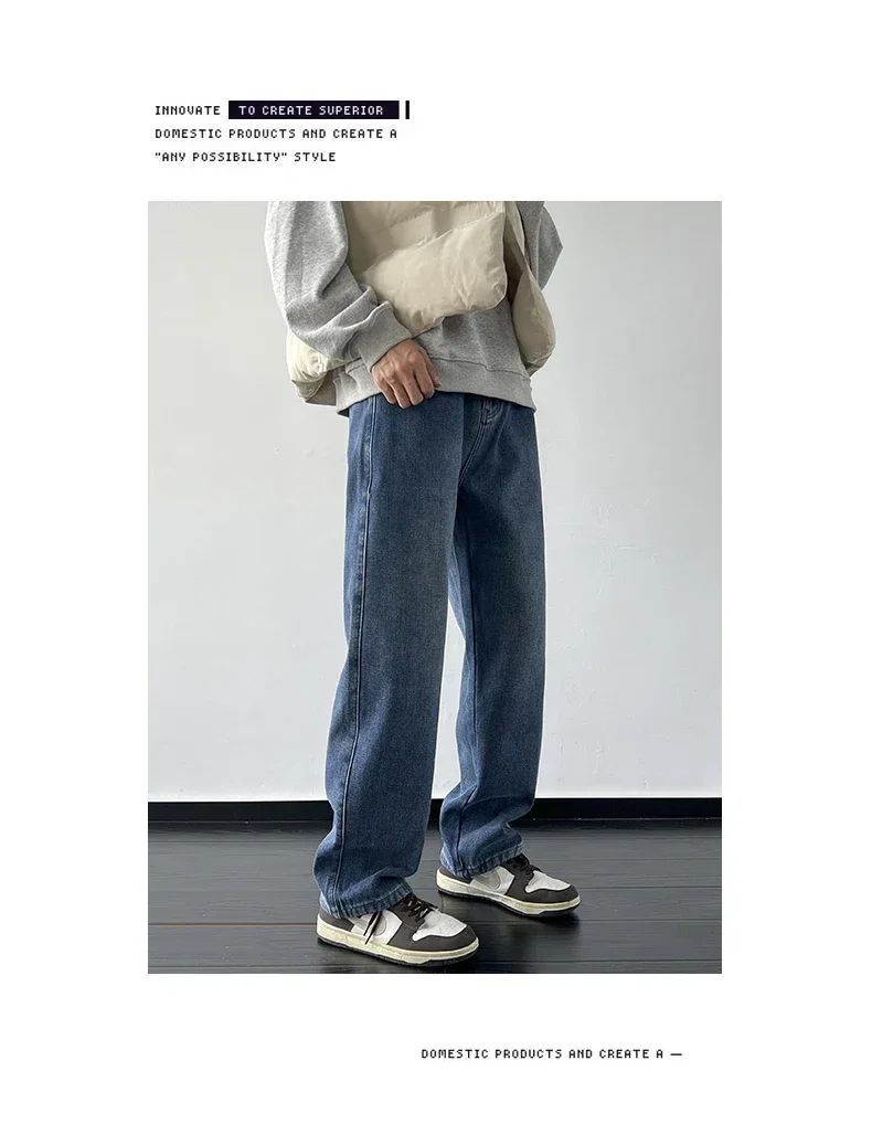 4 Colors Winter Fleece Men's Jeans Baggy Straight Elastic Waist Denim Pants Fashion Korean Thickened Warm Male Thermal Trousers