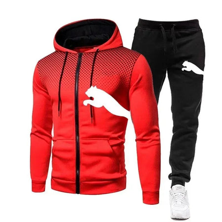 The new outdoor casual sportswear for men features a fashionable zippered hooded jacket, a two-piece sweatshirt and sweatpants