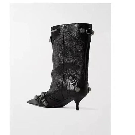 Women's Sexy Stiletto High Heels with Rivet Decoration, Wide Barrel Knee Length Boots, European and American Fashion Show Boots
