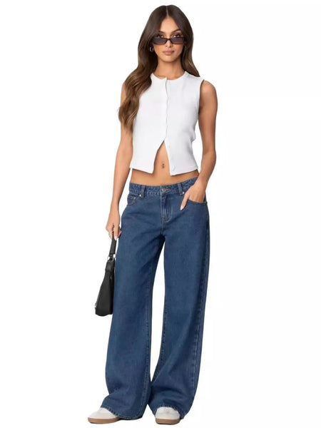 Fashionable Russian Women's Jeans High Waist Wide Leg Floor-Length Old Fashion Decorative Long Version of Women's Jeans
