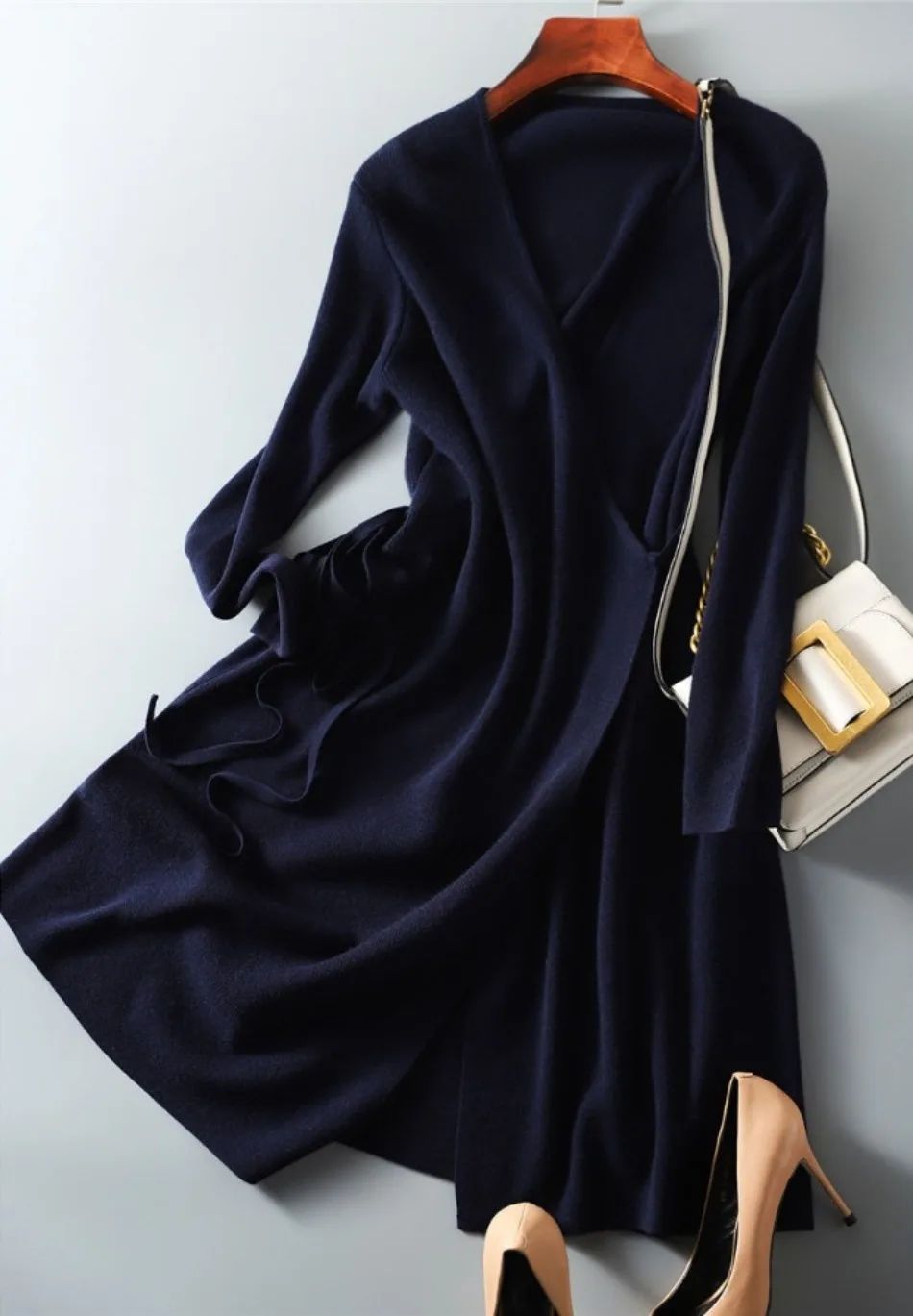 Autumn Winter Sweater Womens Dresses V-neck Wrap Up Dress for Women Woman Clothing Korean Version Loose Elegant Knitted Skirt