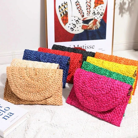 Fashionable Corn Husk Straw Bags Hand-woven Women Clutch Envelope Handbag Long Purse for Female Summer Beach Bag Bolsa 2024