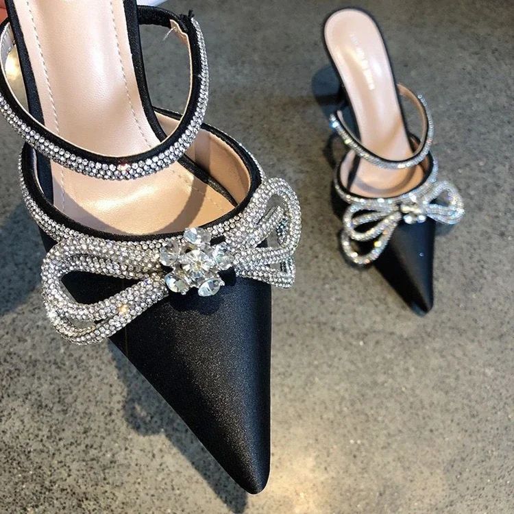 Imitation Sandals and Butterfly Knot for Women, High Heels, Narrow Slippers, Party Bombs, Luxury Wedding Shoes, Summer Fashion