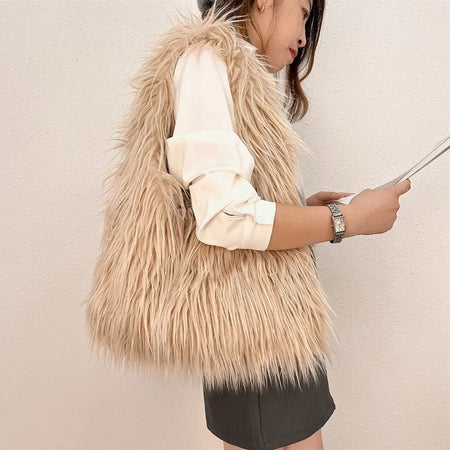 2025 NEW Wool Women's Plush Shoulder Bags Y2k Hot Girls Faux Fur Drawstring Bucket Bag Fashion Female Furry Purse Tote Handbags