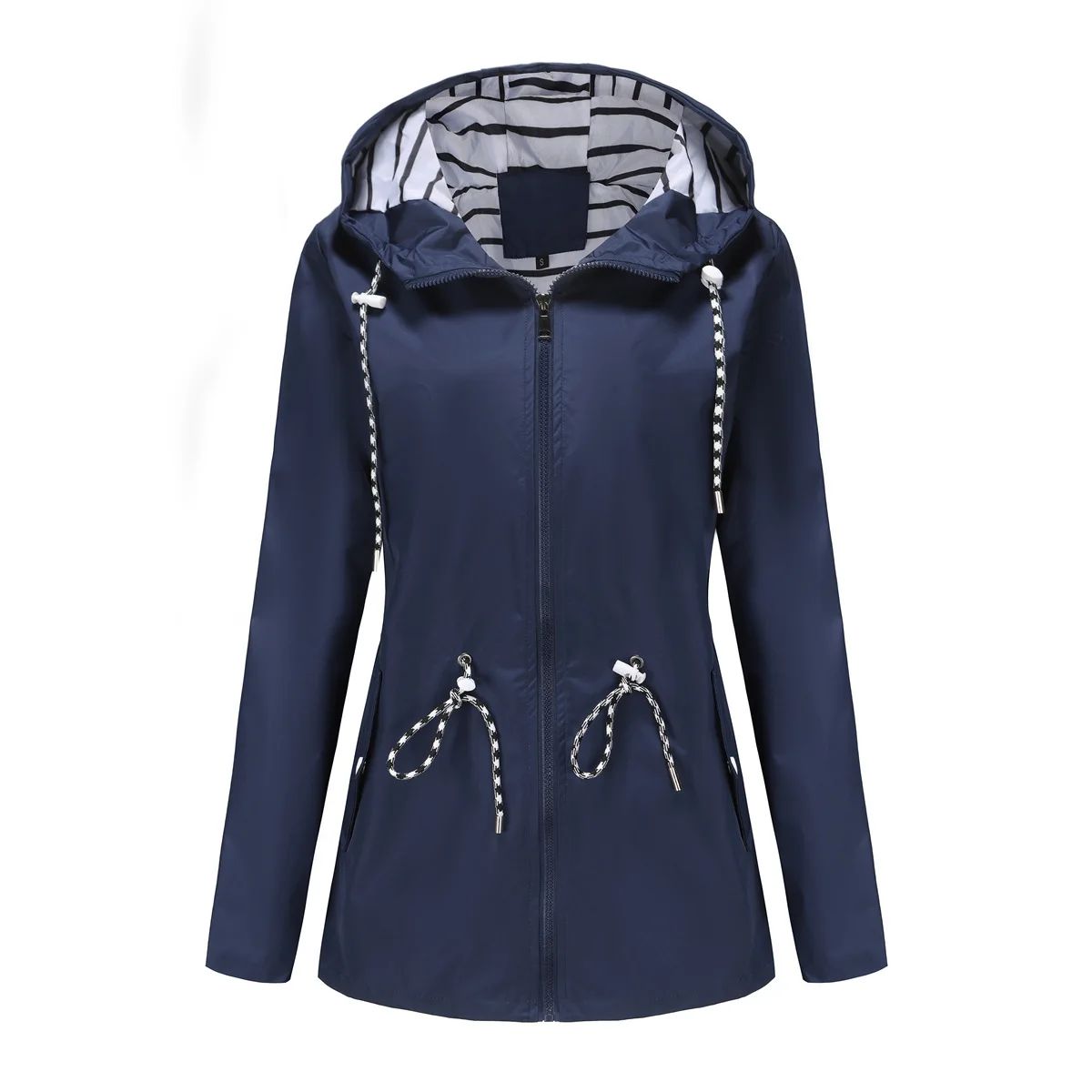 Blue Waterproof Hooded Jacket Women Fashion Casual Coat Waist Drawstring Tie Zipper Switch Red Green Yellow Black Windbreaker